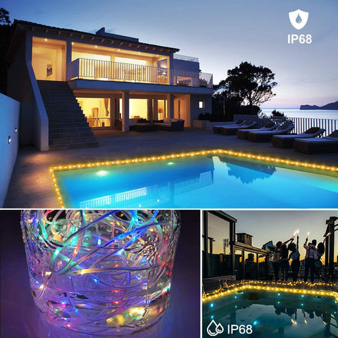 Outdoor pool area with LED string lights, house exterior, and people around the pool.