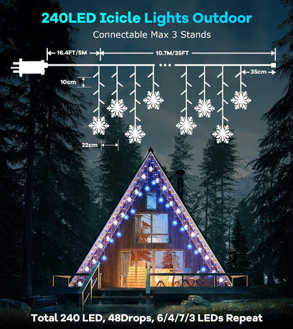 10.7M 240 LED Snowflake Icicle Christmas Lights – Blue White Outdoor Festive Lights with 8 Modes, Timer & Remote - Make Your Home Glow With Winter Magic