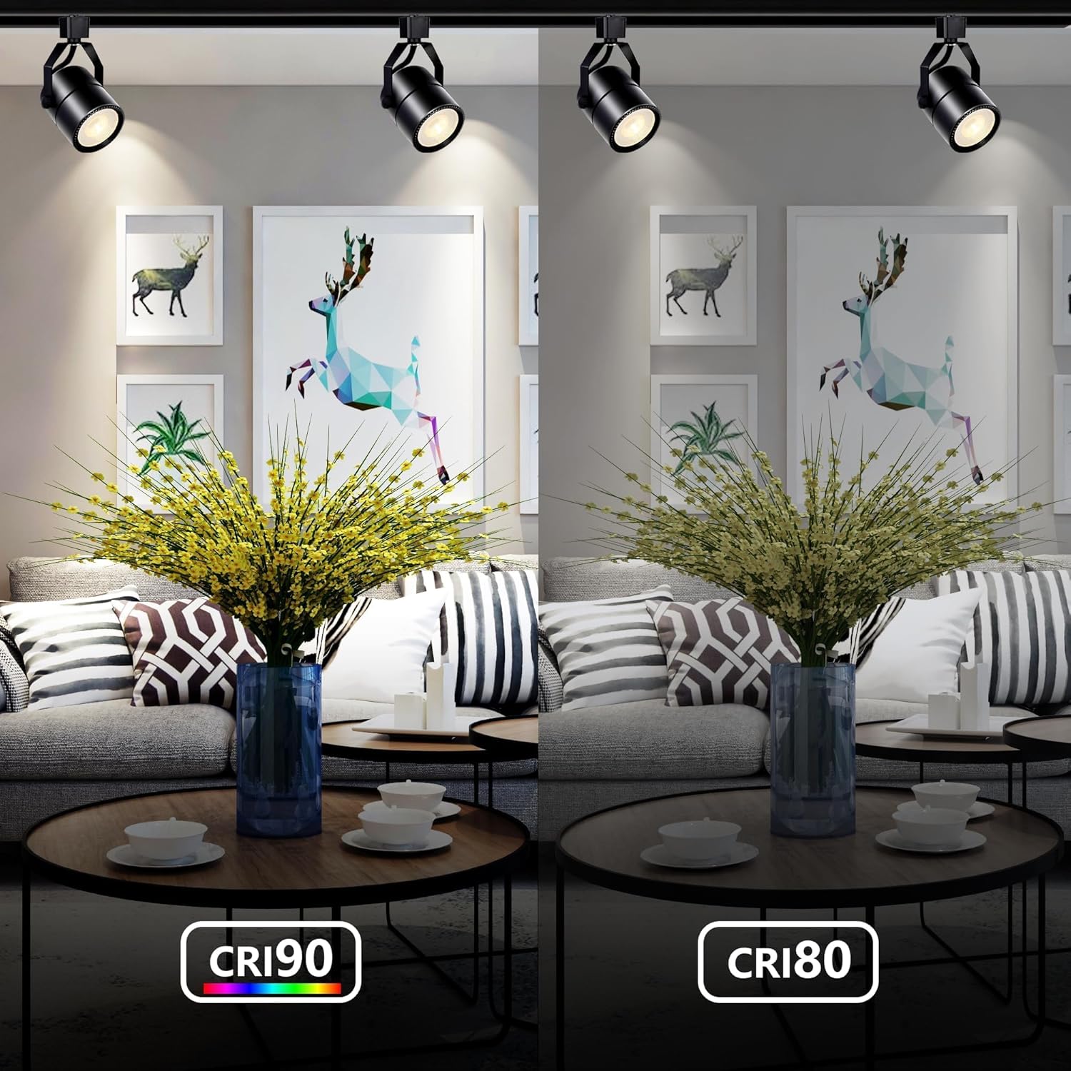 Living room with modern decor, including a sofa, coffee table, and wall art, with CRI 90 and CRI 80 labels.