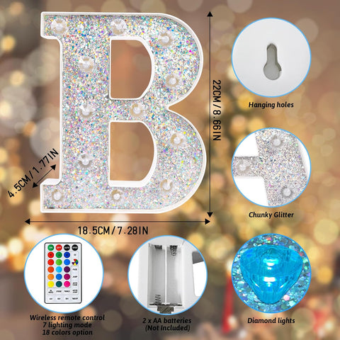 B Style Color Changing LED Letter Light, Glitter Marquee Lamp with 18 Colors, Remote Controlled, Battery Powered Decorative Letter Light for Party, Wedding, Birthday and Home Decor