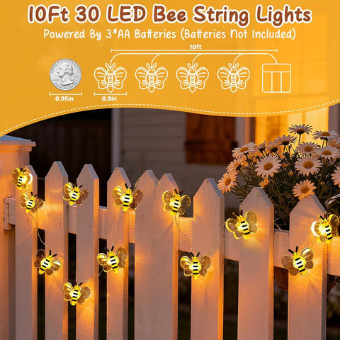 10ft 30 LED Bee String Fairy Lights | Battery Operated Cute Bee Decor Lights for Bedroom, Plants, Patio, Parties & Gifts