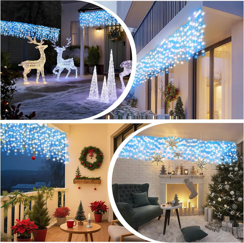 Christmas Icicle Lights Outdoor Blue & White 480 LED 50ft – 8 Modes, Timer & IP44 Waterproof Christmas Lights for Eaves, Fences, Patios & Gardens - Turn Your Home Into a Winter Wonderland
