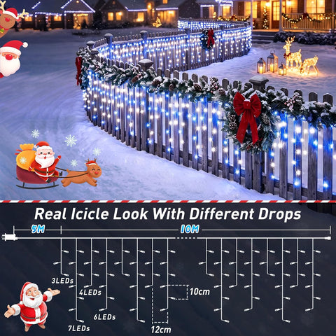 GlobaLink Christmas Icicle Lights 10M 400 LED Connectable Blue White – Outdoor Christmas Fairy Lights with Timer, 8 Modes & IP44 Water Resistance - Turn Plain Eaves Into a Winter Glow