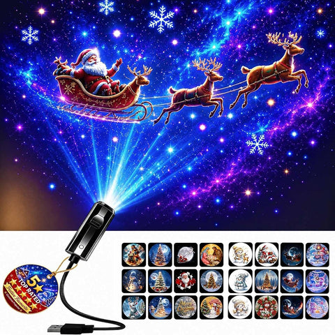 Christmas Projector Indoor 360° HD Scene Projector with 24 Christmas Projection Films – USB Festive Projection Light for Walls, Ceilings & Parties