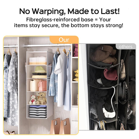 Extra Deep 6-Shelf Hanging Wardrobe Organiser, Grey – Heavy-Duty Foldable Clothes Storage with 4 Large Mesh Pockets