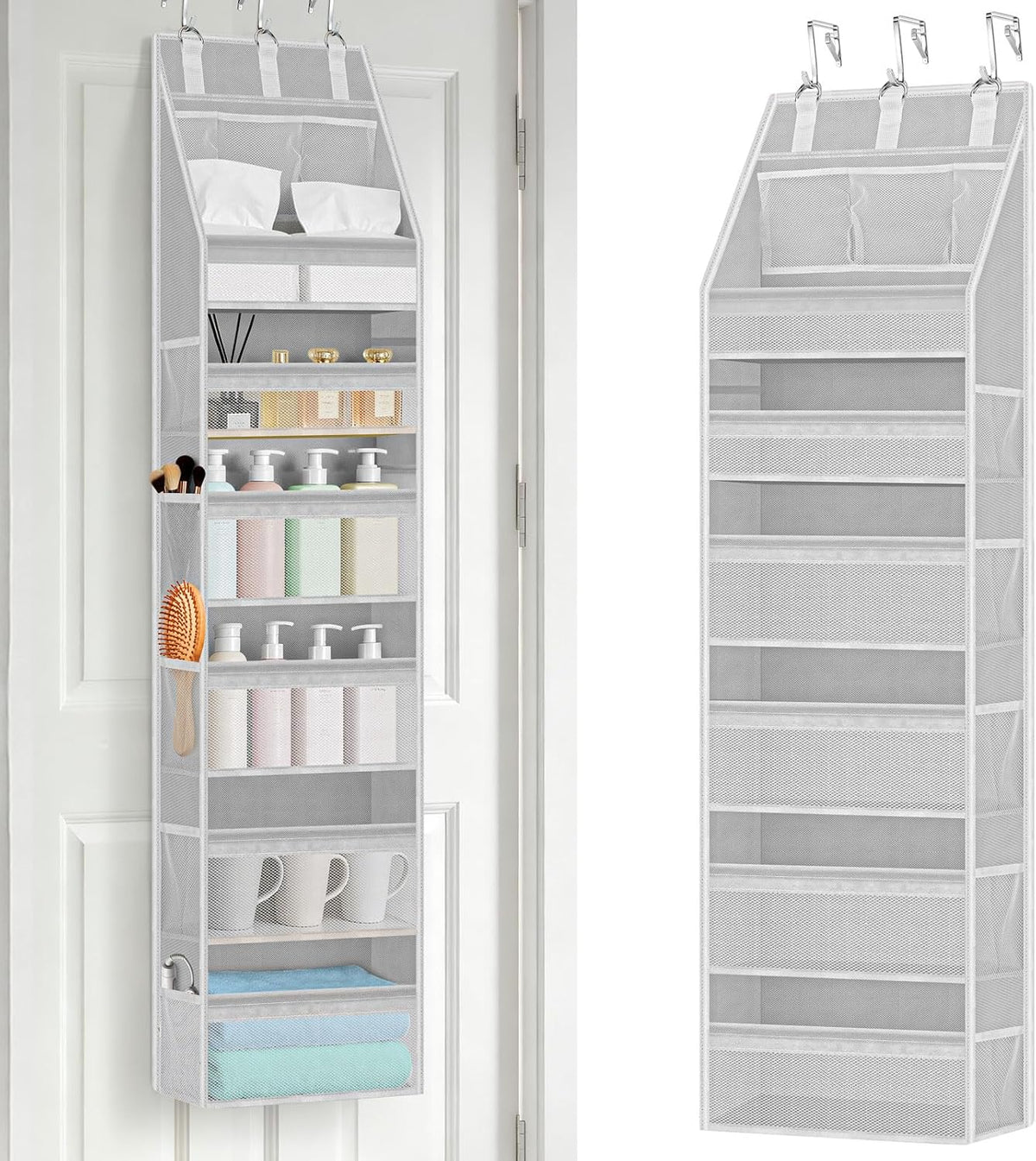 WEIQITAI 6-Tier Over the Door Organiser, Grey Hanging Storage with 6 Clear Front Pockets, 10 Mesh Side Pockets and 3 Metal Hooks