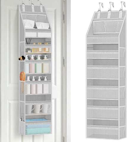 WEIQITAI 6-Tier Over the Door Organiser, Grey Hanging Storage with 6 Clear Front Pockets, 10 Mesh Side Pockets and 3 Metal Hooks