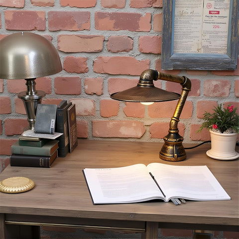 Vintage Steampunk Pipe Table Lamp – Brushed Copper E27 Industrial Desk Light with Metal Lampshade & Inline Switch