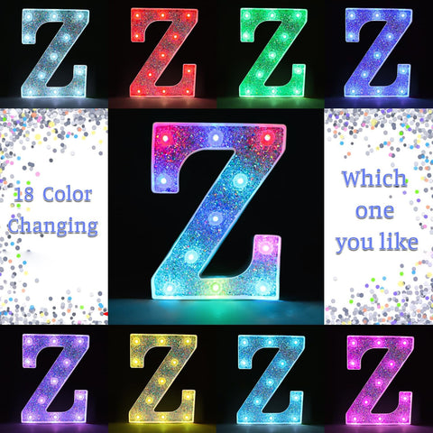 Z Style Color Changing LED Letter Light, Glitter Marquee Lamp with 18 Colors, Remote Controlled, Battery Powered Decorative Letter Light for Party, Wedding, Birthday and Home Decor