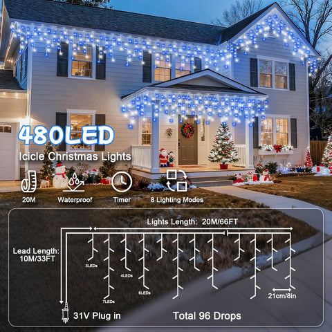 20M Blue White Icicle Lights Outdoor – 480 LED Waterproof Fairy Lights with Timer