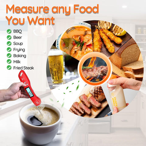 Digital Instant Read Meat Thermometer Red – Ultra-Fast Cooking Probe with Backlit LCD