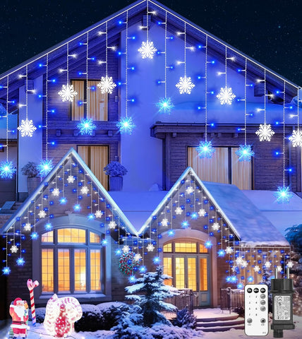 Icicle Outdoor Christmas Lights with Snowflake 10.7M 240 LED – Waterproof Connectable Blue White Lights with Remote, Timer & 8 Modes for Eaves, Windows & Roofs - Turn Dark Winter Evenings Into a Sparkling Welcome