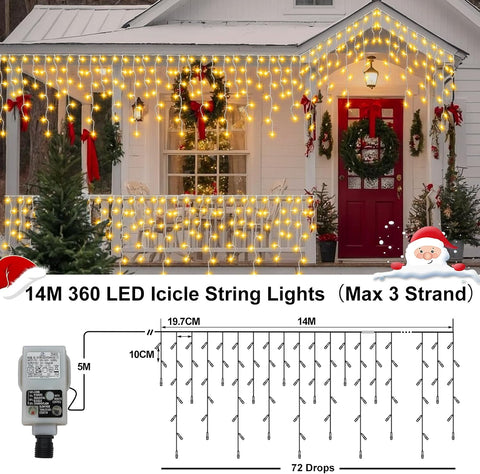 14M 360 LED Christmas Icicle Lights Outdoor Mains Powered with Remote – Warm White, 8 Modes, Timer & IP54 Waterproof - Turn Your Home Into a Winter Glow