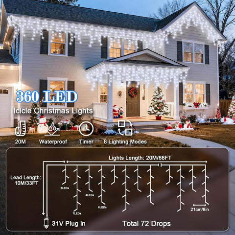cshare Icicle Lights Outdoor 15M 360 LEDs Cool White Waterproof