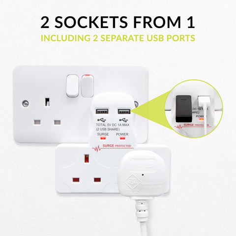 Benross 45600 2-Way Wall Adaptor with 2 USB Ports & Surge Protection – Make One Wall Socket Work Harder for Your Everyday Charging Needs