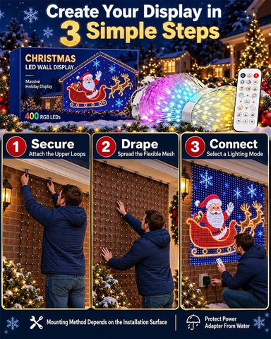 3m x 3m Smart RGB Christmas LED Curtain Lights – 400 LED Outdoor Wall & House Net Lights with App, Remote, Timer & Custom Patterns - Turn Your Home Into a Christmas Light Show