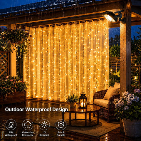 2m x 2m Solar Curtain Lights 204 LED Warm White Waterproof Outdoor Fairy Lights with Remote & 8 Modes – Make Your Garden Glow After Dark