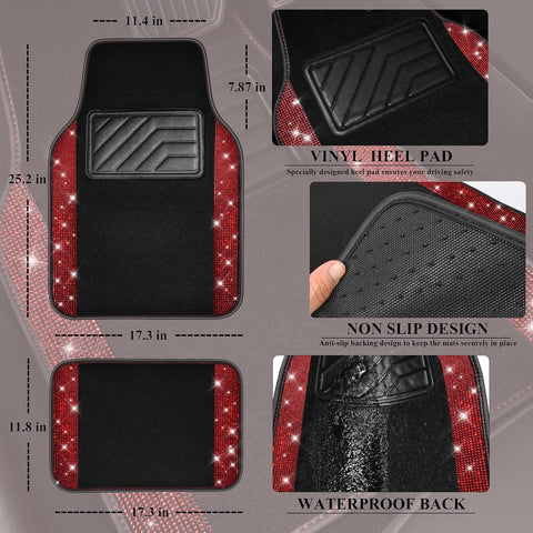 Bling Diamond Car Mats – Sparkly Rhinestone Glitter Floor Mats (Black Red)