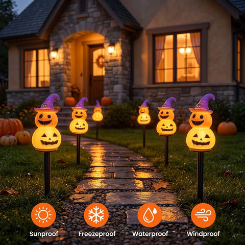Waterproof Warm Solar Halloween Pathway Lights, Stake Lights for Garden, Walkway, Yard Decor, Spooky Outdoor Lighting, Pumpkin