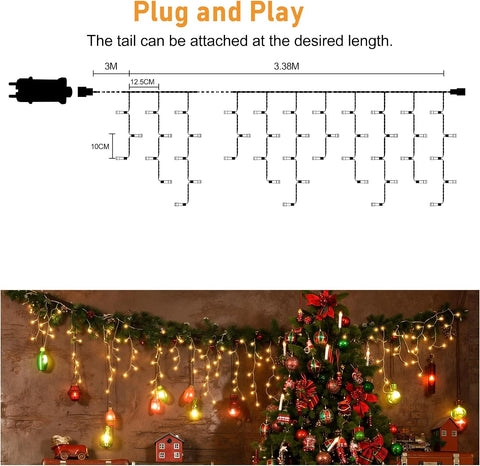 HeiPard 3.38m Outdoor Christmas Icicle Lights 108 LED Warm White – 8 Modes, Remote Control & Timer - Make Your Home Glow With Christmas Magic