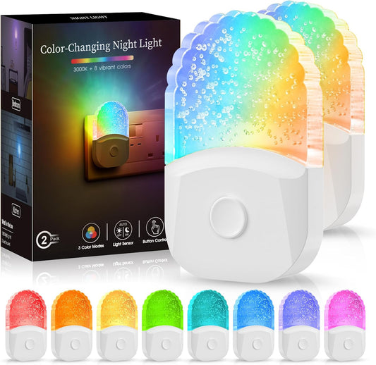 Night Light, Night Light Plug in Wall with Dusk to Dawn, 0.5W Warm White +RGB Night Light Kids, 3 Lighting Modes, Acrylic Children’s Night Light for Baby, Bedroom, Hallway,Garages，2 Pack