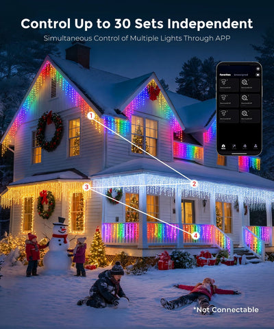 Quntis Smart Christmas Icicle Lights 5m – App & Remote Controlled Multicolour LED Outdoor Fairy Lights with Music Sync, 60+ Modes & IP44 Waterproof Design - Turn Your Home Into a Festive Light Show