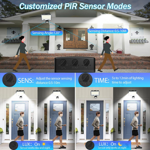 Illustration of a PIR sensor with adjustable settings and its effect on lighting in front of a house.