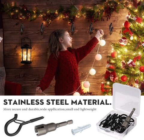 Screw in Hooks with Safety Buckle, (Black-32 PCS) | 7 Pcs Black Ceiling Hooks, Outdoor Garden Hooks for Christmas Lights,Rope Lights,Fairy Lights,Hanging Plants,Bird Feeders