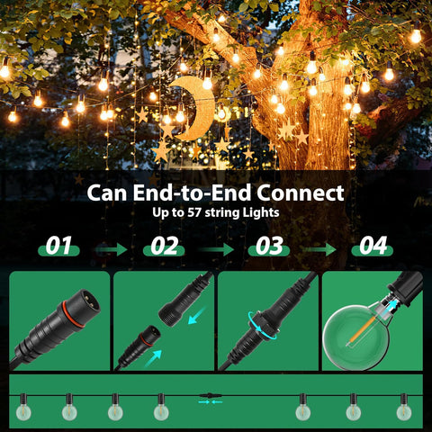 String lights hanging from a tree with connectors and bulb illustration.
