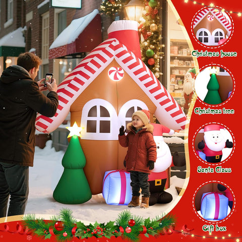 7FT Inflatable Christmas House with Santa Claus & Tree, Built-in LED Lights, Durable Outdoor Inflatable Xmas Decoration for Garden, Lawn, Patio & Holiday Parties