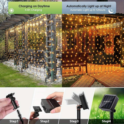 2m x 2m Solar Curtain Lights 204 LED Warm White Waterproof Outdoor Fairy Lights with Remote & 8 Modes – Make Your Garden Glow After Dark