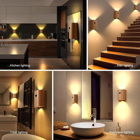 Wooden LED Wall Lamp, Motion Sensor Night Light, Rechargeable Sconce, Beech, 5.6 x 2.8 x 7.3 inches, Bedroom