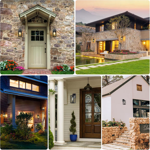 Collage of various house exteriors with stone walls, wooden doors, and garden features.