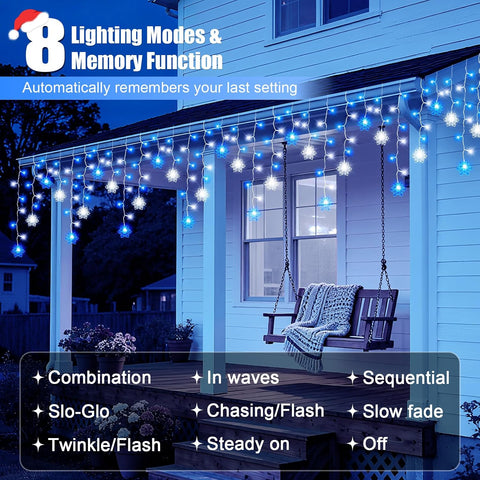 Dalugo 10M Christmas Icicle Lights Outdoor – 240 LED Blue & White Snowflake Lights with 6H Timer, 8 Modes & Memory Function - Make Your Home Glow Like a Winter Wonderland