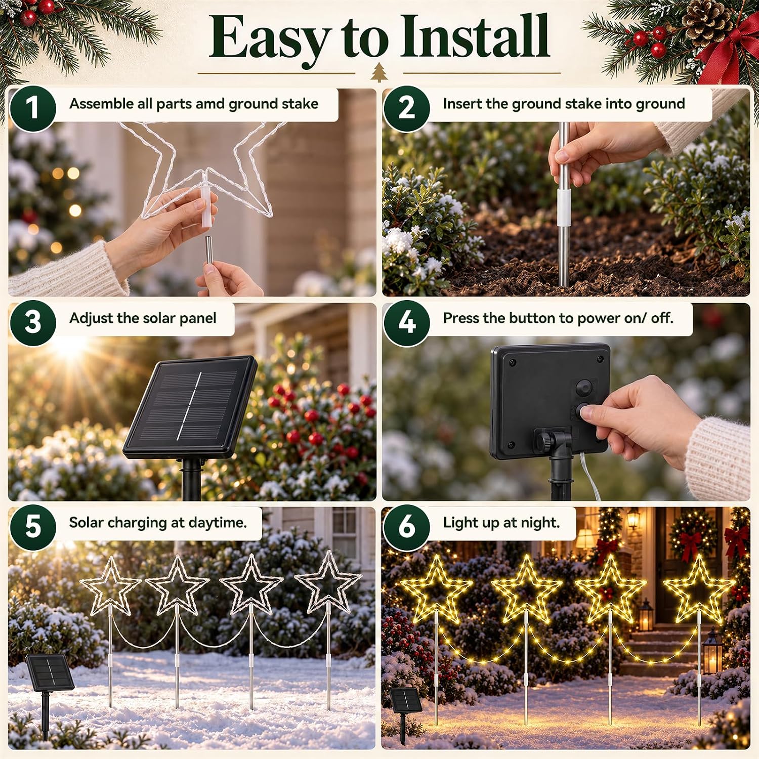 Lewondr 4 Pack Star Christmas Decorations Outdoor with 8 Lighting Modes