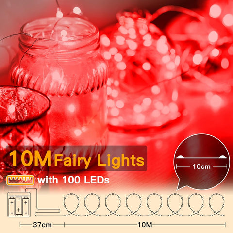 10m Red Battery Operated Fairy Lights, 100 LED Waterproof Copper Wire String Lights for Indoor Outdoor Valentine’s Day, Wedding, Bedroom & Party Decor