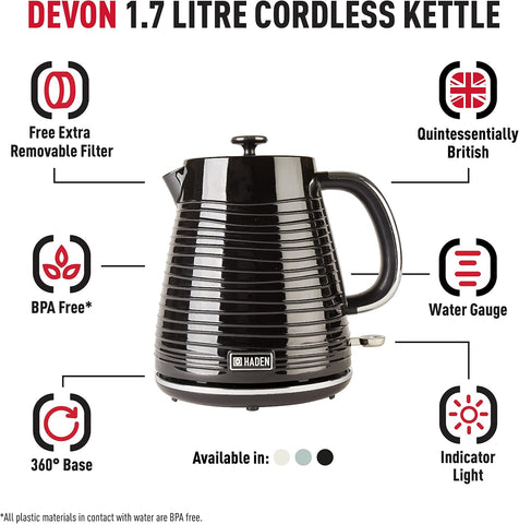 Devon 1.7L Black Electric Kettle – Lightweight, Cordless, Stylish, Fast Boil, Tea & Coffee, Perfect for Small Kitchens