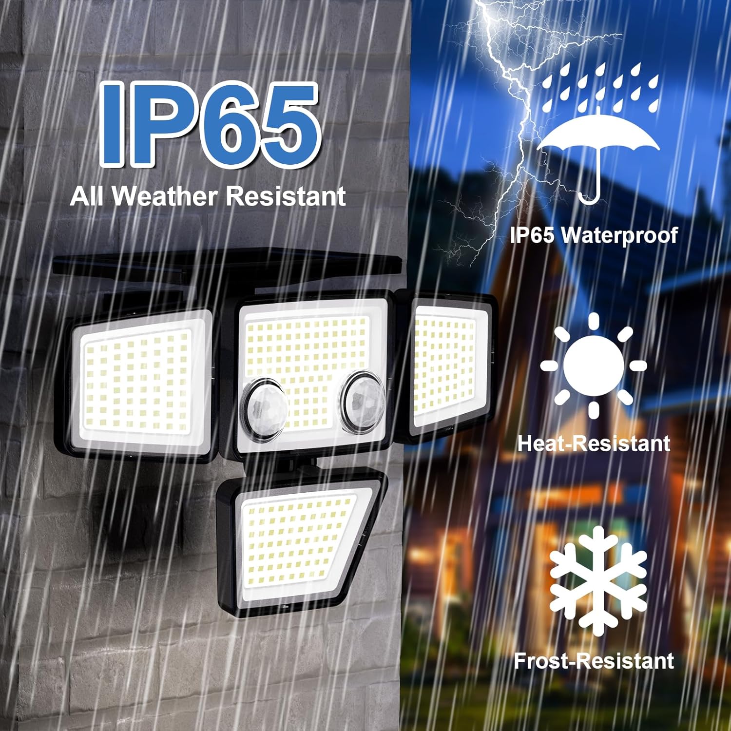 Outdoor floodlights with IP65 weather resistance features, rain simulation, and night scene.