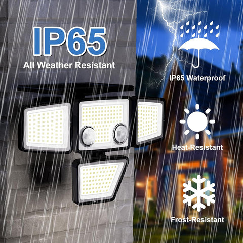 Outdoor floodlights with IP65 weather resistance features, rain simulation, and night scene.