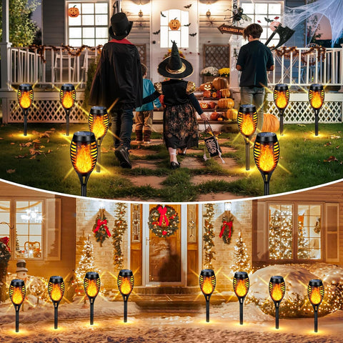 Solar Lights Outdoor Waterperoof Upgraded, 10Pack Solar Tiki Torches with Flickering Flame, 12LED Mini Solar Garden Lights for Patio Yard Pathway Landscape Decorations-Dusk to Dawn Auto On/Off