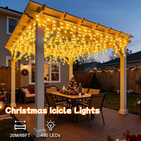 20M 480 LED Outdoor Icicle Christmas Lights – Warm White Waterproof Fairy Lights with Timer & 8 Modes for Roofs, Gutters, Windows & Walls - Turn Your Home Into a Christmas Glow