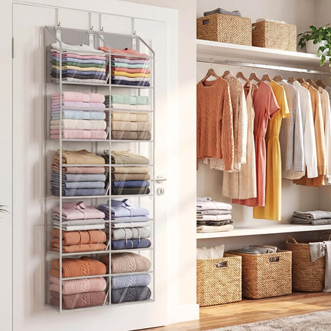 Ofiray-Home Over The Door Storage Organiser – 5-Tier, 10 Compartments, Pink Hanging Storage with 10 Side Pockets