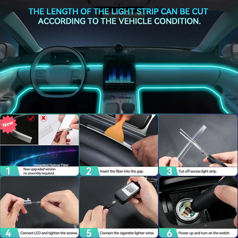 RGB Car Interior LED Strip Lights Kit with APP Control, 5-in-1 Fiber Optic Ambient Lighting, Music Sync, 16 Million Colours