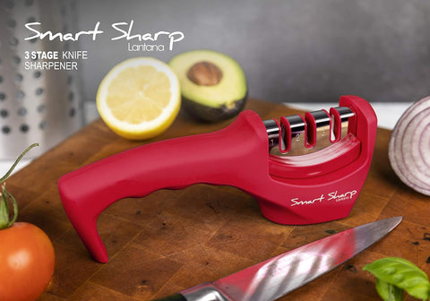 Smart Sharp 3-Stage Knife Sharpener – Professional Manual Kitchen Knife Sharpening Tool with Ceramic Stone, Tungsten Carbide, and Diamond Rods – Ergonomic Non-Slip Design, Red/Chrome Finish