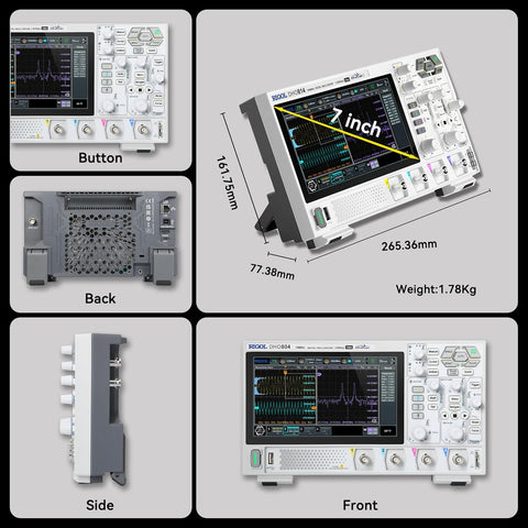 RIGOL DHO804 Portable Digital Oscilloscope, 70MHz Bandwidth, 4 Analogue Channels, 12bit Vertical Resolution, Low Noise Floor, Mobile Power Supply Supportable