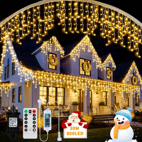 Outdoor Christmas Icicle Lights Mains Powered – 25M + 5M, 800 Warm White LED Waterproof Icicle Fairy Lights with Remote, 8 Modes, Dimmable & Timer - Turn Dark Winter Evenings Into a Cosy Christmas Glow