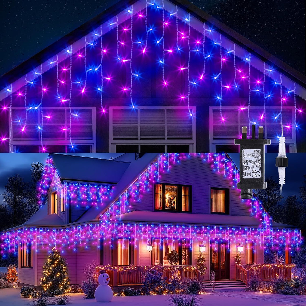 GlobaLink Christmas Icicle Lights 10m 400 LED Blue & Purple – Connectable Outdoor Fairy Lights with 8 Modes, Timer & Memory - Turn Your Roofline Into a Colourful Christmas Display