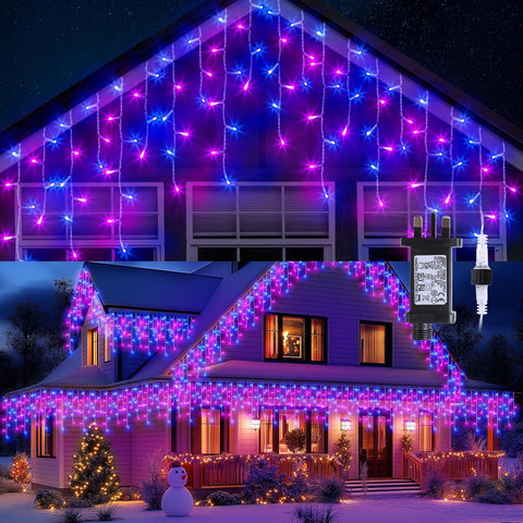 GlobaLink Christmas Icicle Lights 10m 400 LED Blue & Purple – Connectable Outdoor Fairy Lights with 8 Modes, Timer & Memory - Turn Your Roofline Into a Colourful Christmas Display