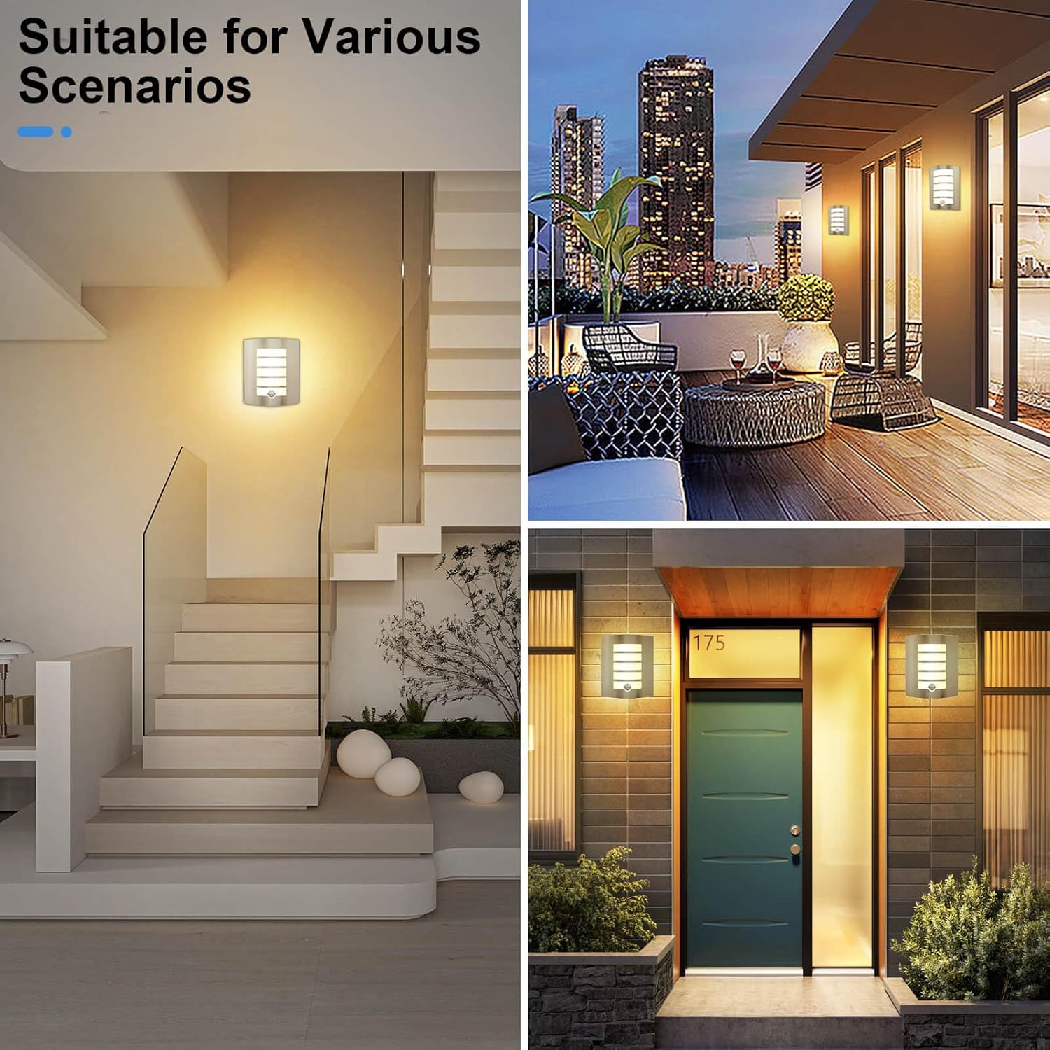 Collage of outdoor lighting fixtures in various settings