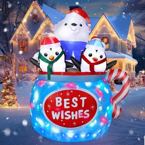6FT Christmas Inflatable Polar Bear & Penguins Decoration with LED Lights